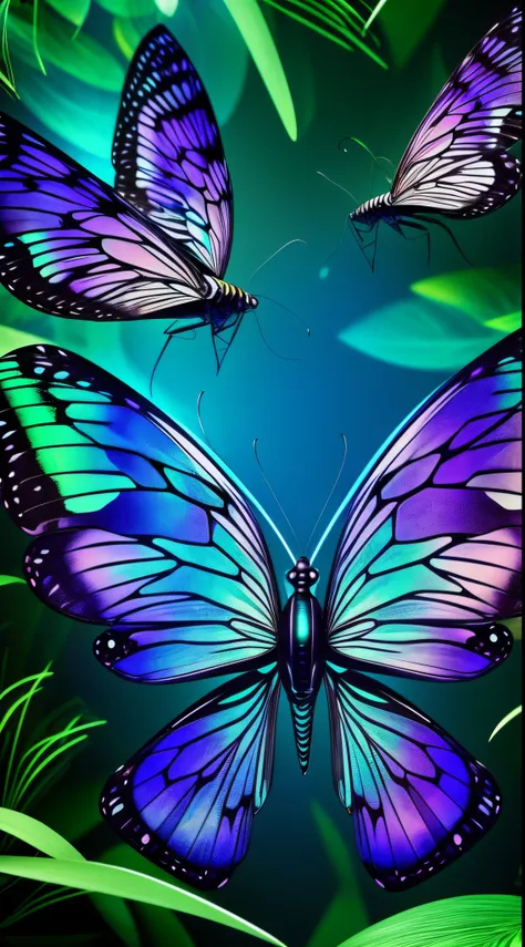 Futuristic ethereal butterfly，Sci-fi butterflies，Futuristic butterflies，mechanical butterfly，Futuristic jungle background，Detailed pattern，Intricate patterns