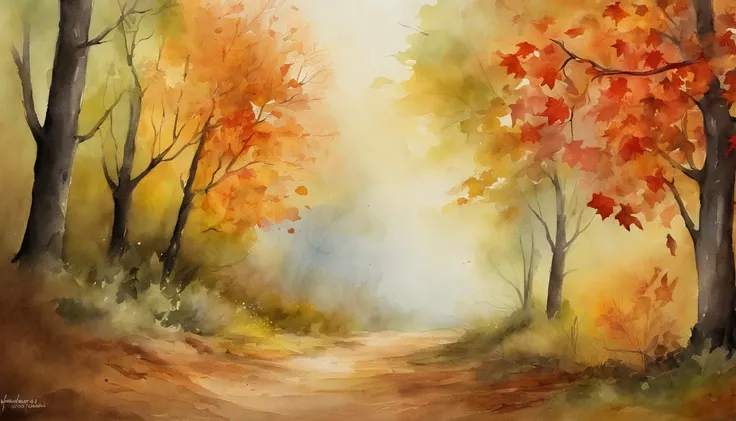 falling maple leaves，dirt road，the watercolor style