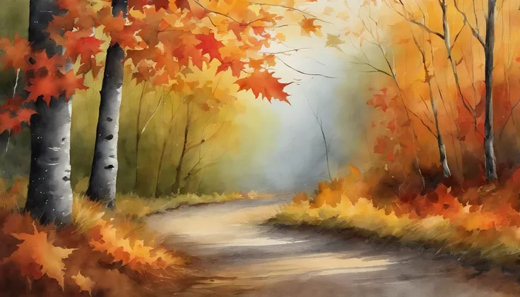 falling maple leaves，dirt road，the watercolor style