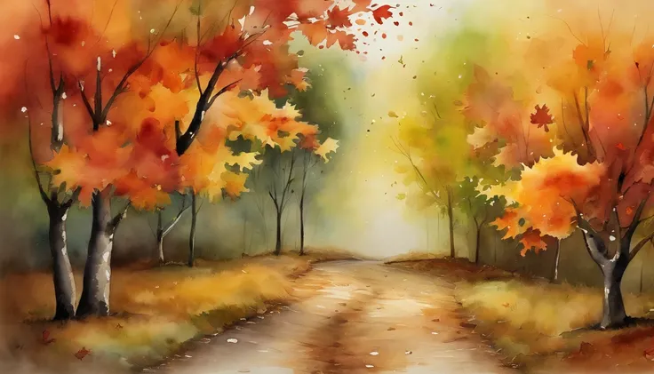 falling maple leaves，dirt road，the watercolor style