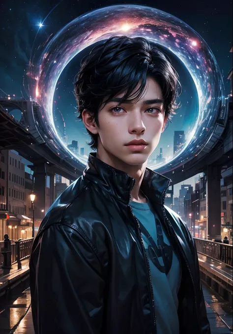 A beautiful man. Late teens. Black hair. Beautiful double eyes. The bridge of my nose. Well-shaped lips. A man is standing in a city at night, and a wormhole entrance opens in the space behind him. 8K image quality.