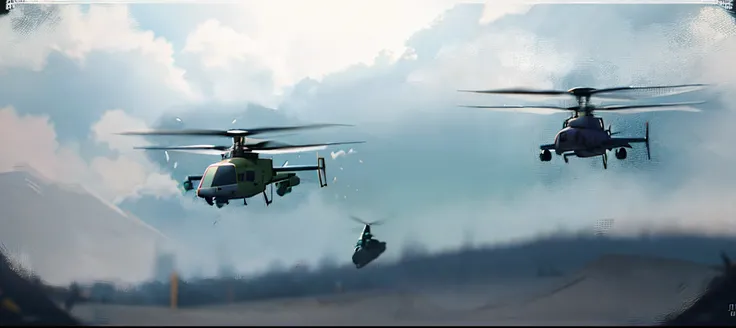 there are two helicopters flying in the sky, helicopters firing, air support, dcs world style, background aerial battle, in game graphic, aerial combat, dcs world, cgi style, octane engine render 8k hdr, octane 8 k render, octane 8k render, octane 4k rende...