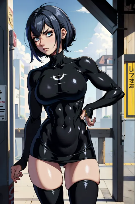 1girl, cabelo curto, cabelo preto, olhos azuis, Garota de anime com tatuagens posando em uma roupa preta em uma cidade, arte digital de anime, garota anime sexy, menina de anime feminino, arte de anime , muscular!, big oppai , Ilya Kuvshinov, badass anime ...