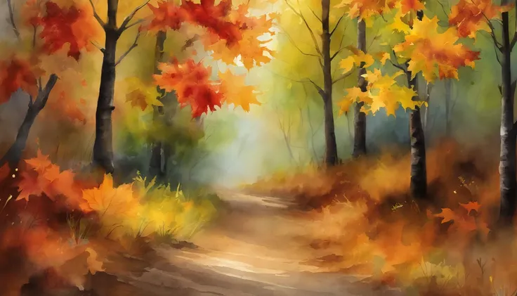 maple leaves，dirt road，the watercolor style