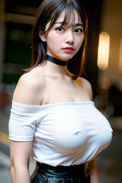 best quality, ultra high res, (photorealistic:1.4), 1girl, off-shoulder white shirt, black tight skirt, black choker, (faded ash gray hair:1), (huge breasts:1.2), looking at viewer, closeup ,