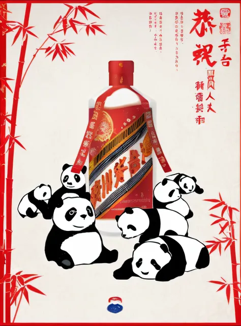 There is a Maotai liquor poster，oda&#39;Sa Panda and a bottle of Moutai on top, Inspired by Luo Mu, Inspired by Luo Ping, inspired by Wu Zhen, Pan Renwei style, Inspired by PwC, Inspired by Wu Hong, red panda on a propaganda poster, Inspired by Lu Guang, R...