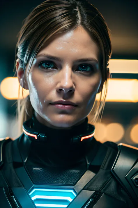 (cyberpunk military scientist:1) (1womanl) Dark theme :: Focus on close-ups of the face, Curious face, Katie Sackhoffs face, Ultra realistic futuristic cyberpunk tall athletic woman, :: Medium brown hair, Futuristic meganeotaku :: Inside a cyberpunk office...