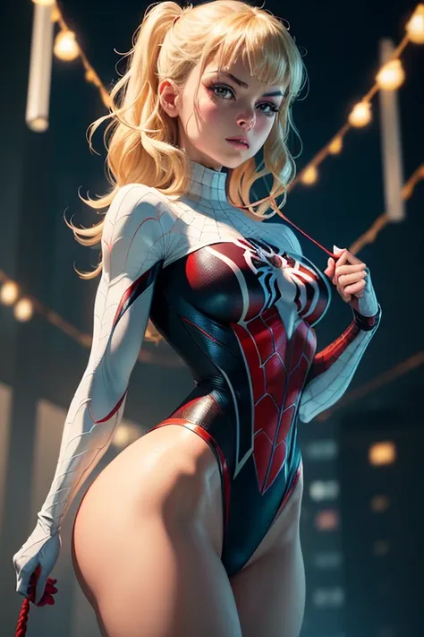 (Extreme Detail CG Unity 8K wallpaper, masterpiece, highest quality), (exquisite lighting and shadow, highly dramatic picture, cinematic lens effect),Spider-Gwen, Gwen Stacy, a girl in a white Spider-Man costume, gold-blond hair color, from the Spider-Man ...