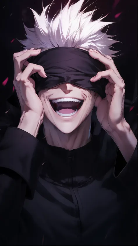 anime character with white hair covering eyes and eyes closed, insane smile, [[[[grinning evily]]]], jujutsu kaisen, ken kaneki,...