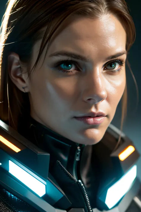 (cyberpunk military scientist:1) (1womanl) Dark theme :: Focus on close-ups of the face, Curious face, Katie Sackhoffs face, Ultra realistic futuristic cyberpunk tall athletic woman, :: Medium brown hair, Futuristic meganeotaku :: cyberpunk office interior...