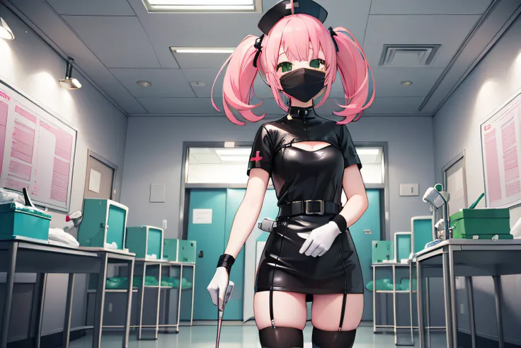 black nurse, 1girl in, Solo, Black Nurse Cap, Black Wear, ((Black legwear, zettai ryouiki)), Black Elbow Gloves, Pink hair, Green eyes, drooping eyes, ((Black surgical mask, Covered nose)), Standing, ((surgery room)), sharp outline, Short sleeves, Best Qua...