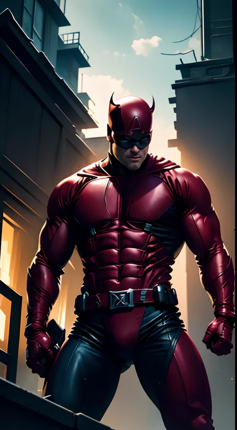 The Daredevil from Marvel Comics. Cinematic rooftop pose. 32k resolution, unreal engine 5 Quality. Best render, complex detail, hyper detail, hyper accurate. Artwork by Jim lee.