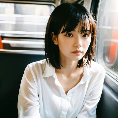 a woman in a white shirt, thoughtful look with very short black hair,, Sitting inside the Tokyo subway, llight rays, Beauty, Hot, Sexy, Wet