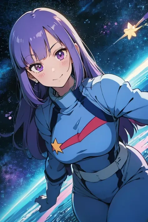 purple color  hair、length hair、Star Mark、Blue Pilot Suit、Cute Girls in Anime, 80s anime fog, animesque, Painting style of the 1980s, Smiling, Long hair, Action Anime, thick thighs,