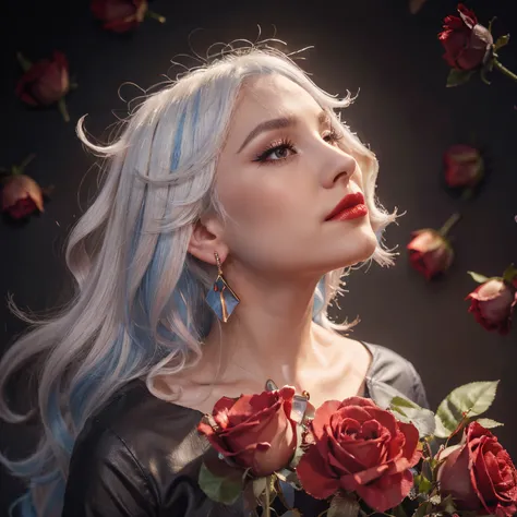 1girl, black background, earrings, elezen, , flower, from side, jewelry, lipstick, long blue hair, looking up, makeup, parted lips, petals, pointy ears, portrait, profile, red flower, red lips, red rose, rose, rose petals, solo, white hair