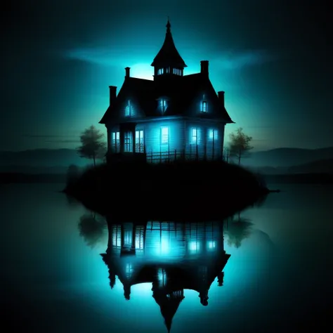 Haunted house with blue ghost over water mirrored