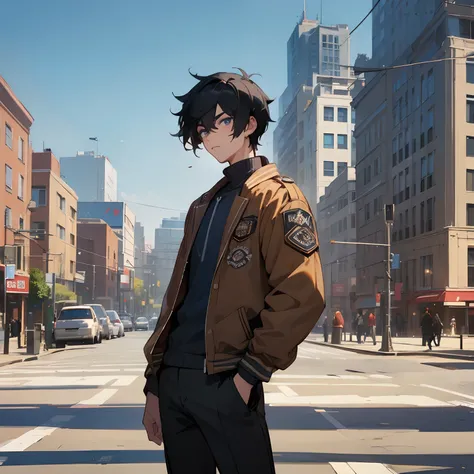 Messy Blueish Black Hair ,wearing brown letterman jacket with patches and black pants, 1male , Dark Blue Eyes , standing on street , city background , sunny day ,Teen Male , lean muscular build