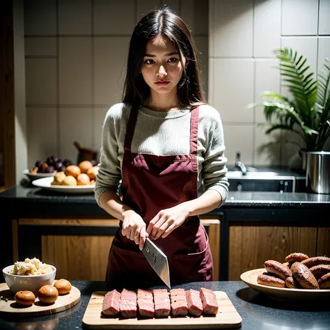 Ein Foto, that captures the essence of a hustle and bustle, Metzgerei der alten Welt. The Metzgermeister, dressed in a traditional apron, skillfully handle a shiny cleaver. reich, Crimson hues dominate the scene, Emphasis on raw authenticity. Die Kulisse, ...