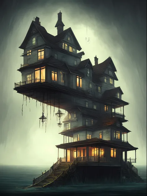 painting of a house on a small island with a ghost like figure, haunted house, dark but detailed digital art, horror, haunted house themed, surrealistic digital artwork, digital horror artwork, stylized digital illustration, spooky mansion, horror setting,...