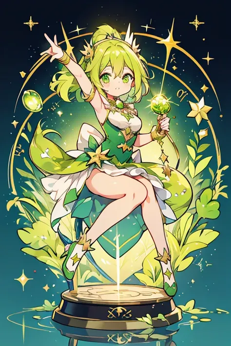 anime style; 3d; glitter; horoscope sign Libra goddess; color green; Balance details; ♎ symbol; peridot stone;