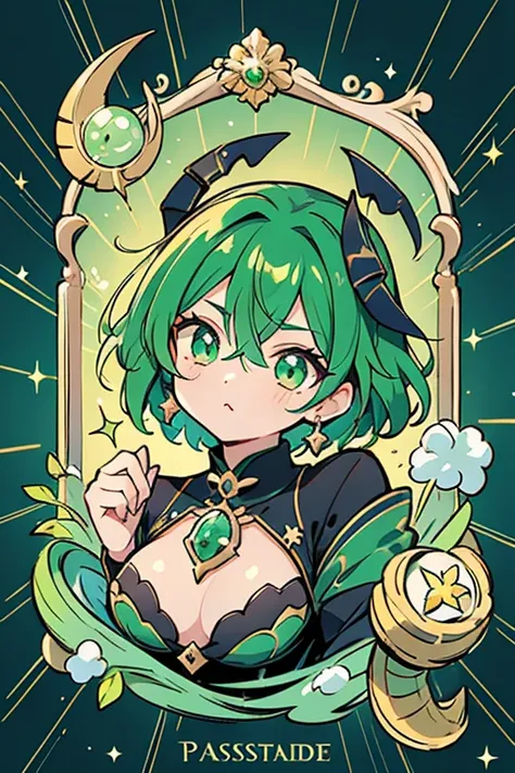 anime style; 3d; glitter; horoscope sign Scorpius goddess; color dark green; Scorpion details; ♏ symbol; malachite stone;