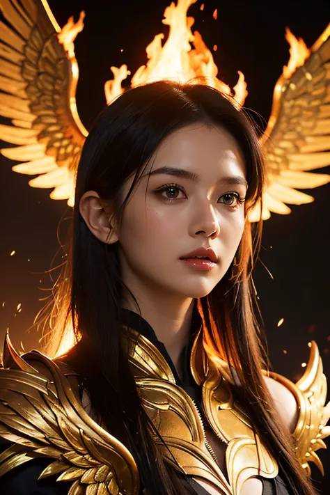 Close-up of a woman on fire and flames, With wings of blazing golden flames, With fiery golden wings, Epic fantasy art style, concept-art | Art germ, Phoenix Warriors, Very detailed artistic germ, epic fantasy digital art style, female protagonist, full po...