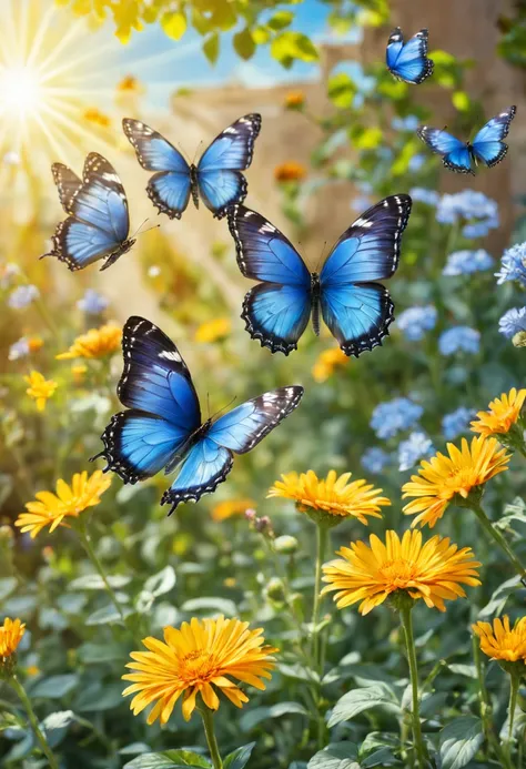 Butterflies flying over the flower bed，The background is sunny, Butterflies and sunlight, butterflies flying, Flowers and butterflies, harmony of butterfly, Glowing blue butterfly, Butterfly in the foreground, Butterflies flying in the sky, A beautiful pho...