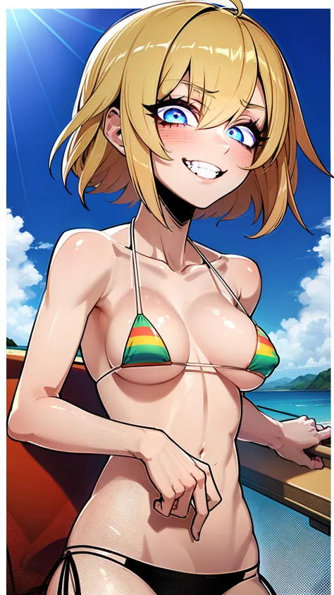 1girl, glowing, glowing eye, short hair, smile, teeth, upper body, upper teeth only, ringed eyes, micro bikini, small bikini, beach, 2d art, splash art, illustration, digital art, best quality, hard shading