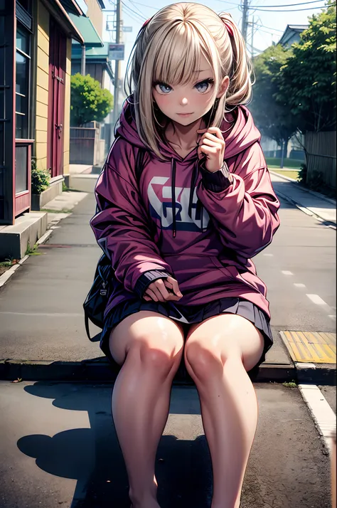 hiqcgbody, Realistic, 1girl in, Full body, Sitting, 12year old, Lori, elementary student, casual, Loose clothes, Hoodie, Barefoot, Colorful, masutepiece, Best Quality, 8K,Ahegao ( Silly / Sexual ecstasy)