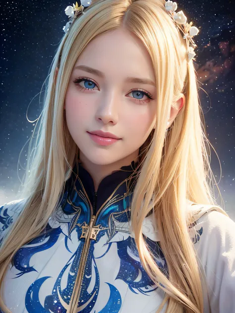 beautiful caucasian girl wearing trendy clothing, profile, perfect detailed face, medium lenght pose, smile, hyperdetailed painting, light blond hair, snow, frame the head, 8k resolution, realistic mucha, starry sky, sunset light, trending on artstation Is...