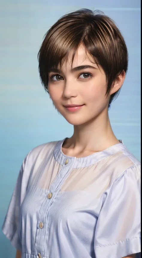 97
(a 20 yo woman,is standing), (A hyper-realistic), (high-level image quality), ((short-hair:1.46)), (Hair smooth), (Gentle smile), (Keep your mouth shut)