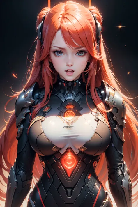 masterpiece, best quality, beautiful detailed hair detailed face, perfect feminine face, (happy:1.2), open mouth, (close-up potrait:1.2), face focus, a beautiful and cute warframe woman and glowing red hair, red neon lighting, (sci-fi cyberpunk bodysuit), ...