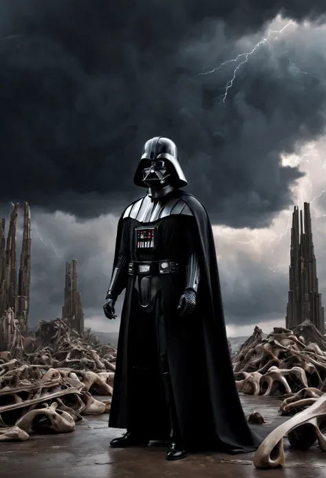 Darth Vader stands on a pile of bones, his robe flowing in the wind. In the background, a storm brews. The scene is infused with an Art Deco aesthetic, showcasing its iconic symmetry and stylish design. The atmospheric perspective adds depth and dimension,...