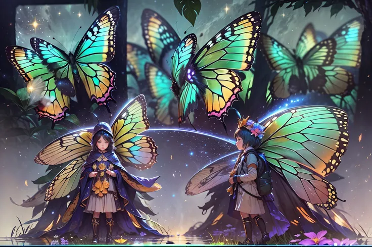 （（best qualtiy））， （（tmasterpiece））， （A detailed：1.4），（（（Giant glowing butterfly））），Enhanced dynamic perspective，jungles，（（（nighttime scene））），themoon，（（Baby adventurer standing in front of supergiant butterfly，Butterflies spread their huge wings，shimmering...