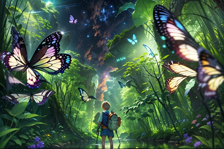 （（best qualtiy））， （（tmasterpiece））， （A detailed：1.4），（（（Giant glowing butterfly））），Enhanced dynamic perspective，jungles，（（（nighttime scene））），themoon，（（Baby adventurer standing in front of supergiant butterfly，Butterflies spread their huge wings，shimmering...