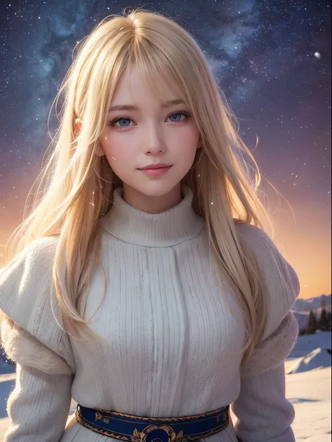 beautiful caucasian girl wearing trendy clothing, profile, perfect detailed face, medium lenght pose, smile, hyperdetailed painting, light blond hair, snow, frame the head, 8k resolution, realistic mucha, starry sky, sunset light, trending on artstation Is...