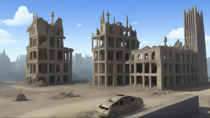 Fantasy world destroyed buildings in the background