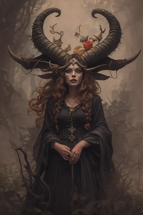 a witch with horns on head (in style of Dariusz Zawadzki:1.2)