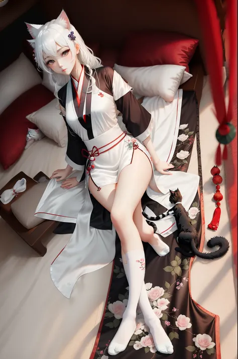 White hair，a beauty girl，Cat ears，White silk socks，Leg rings，Need，​masterpiece，Hanfu，Dont have more than one leg