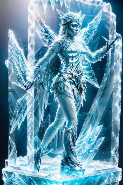 ((((Imagine a transparent ice statue of the mythical goddess Valkyrie:1.4)))), best quality, high definition, 4k, highly detailed, (ice sculpture1.3), (frozen solid:1.3), clear light blue ice,