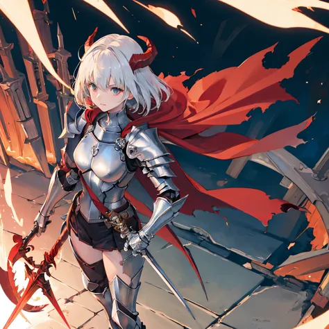 (masterpiece:1.2), best quality,PIXIV,
robot girl,breast,weapon, sword, armor, holding weapon, holding, holding sword, solo, gauntlets, cape, red cape, full armor, helmet, torn cape, male focus, standing, glowing, shoulder armor, red theme, pauldrons, brea...