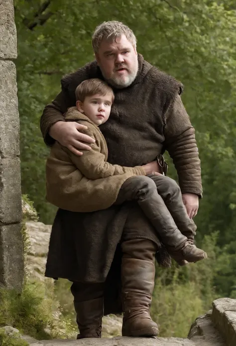 A photo of Hodor carrying Bran Stark on his back while scaling the Wall,Game of Thrones,Hodor, a beloved character from “Game of Thrones,” is notable for his towering height and robust build, giving him a gentle giant appearance. He has a simple, kind face...