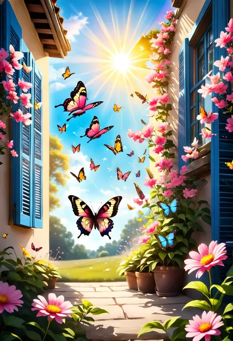 Butterflies flying over the flower bed，The background is sunny, Butterflies and sunlight, butterflies flying, Flowers and butterflies, harmony of butterfly, Glowing pink butterfly, Butterfly in the foreground, butterfly flying in the sky, A beautiful photo...