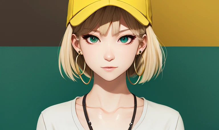 Tetsuya Nomura, masutepiece, Best Quality, 1girl in, aqua eyes, Baseball Cap, Blonde hair, Closed mouth, earrings, Green background, hat, hoop earrings, Jewelry, Looking at Viewer, Shirt, Short hair, Simple background, Solo, Upper body, Yellow shirt