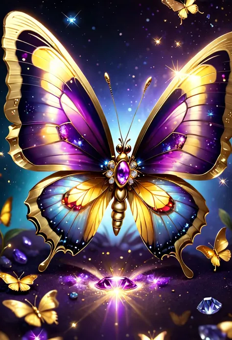 hyper HD, super detailing, Best quality at best, high detal, 1080p, 16k, A high resolution，Butterfly close-up，Butterfly with sparkling surface, amazing symmetrical wings, Magic Crystal Butterfly, Magic butterfly with diamonds, purple sparkles, gold and pur...