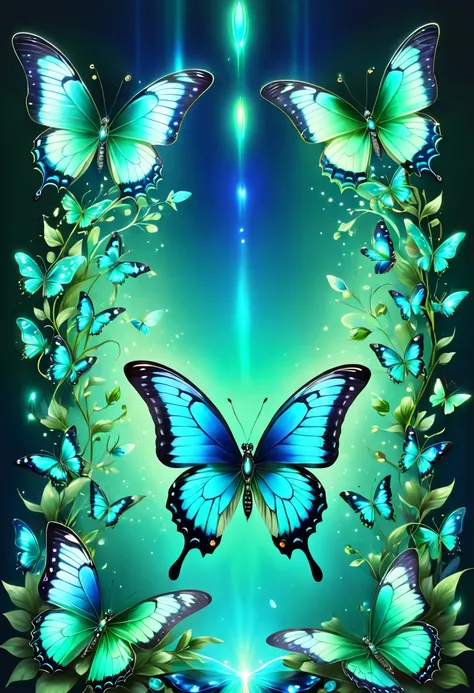 tmasterpiece，Best quality at best，(nothing but butterflies)，(NOhumans),Butterfly neon wings，From beginning to end to the end，Delicate butterflies，The sheen，inverted image，Sparkling blue-green gemstones，Elegant and noble,simple backgound