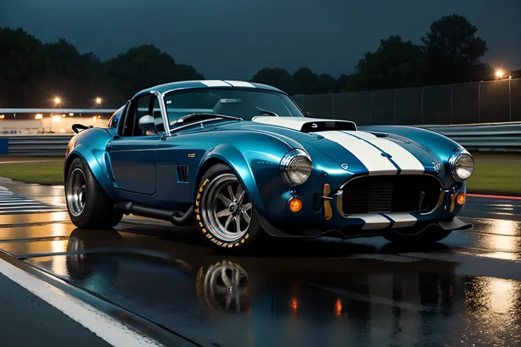 picture of a Shelby Cobra on a rainy night at the racetrack