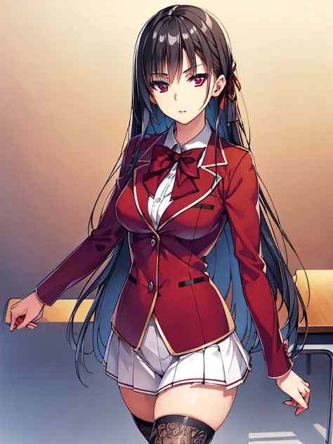 a woman in red school uniform,black hair, red eyes, classroom
masterpeace, best quality, (extremely detailed cg:1.4), highly det...