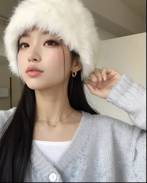 Araffe wearing a white hat and black sweater, wearing a thin and delicate chocker and cute fluffy hat, Ulzzang, young adorable korean face, young cute wan asian face, com bonito - fino - rosto, 🤤 retrato da menina, linda mulher coreana jovem, a young asian...