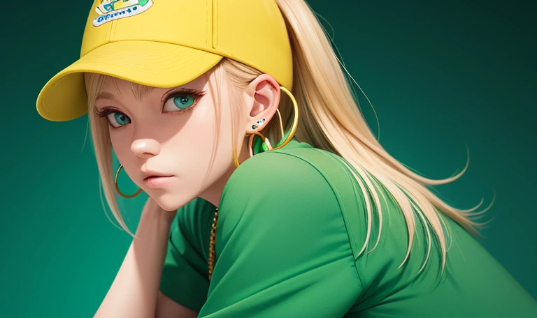 tetsuya nomura, masutepiece, Best Quality, 1girl in, aqua eyes, Baseball Cap, Blonde hair, Closed mouth, earrings, Green background, hat, hoop earrings, Jewelry, Looking at Viewer, Shirt, Short hair, Simple background, Solo, Upper body, Yellow shirt